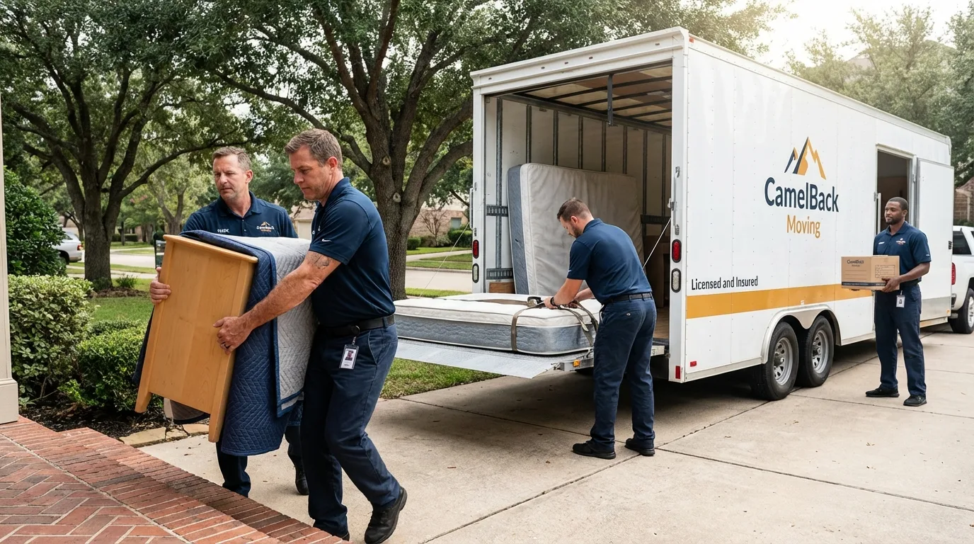 Crew loading residential truck for cross-state move from Bay City, TX