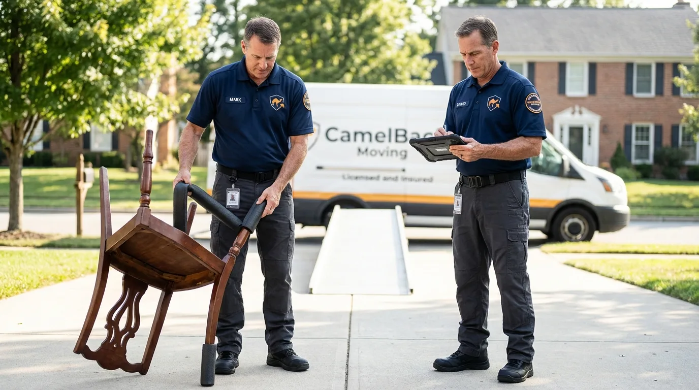 Movers inspecting furniture for damage prevention before loading in Bay City, TX
