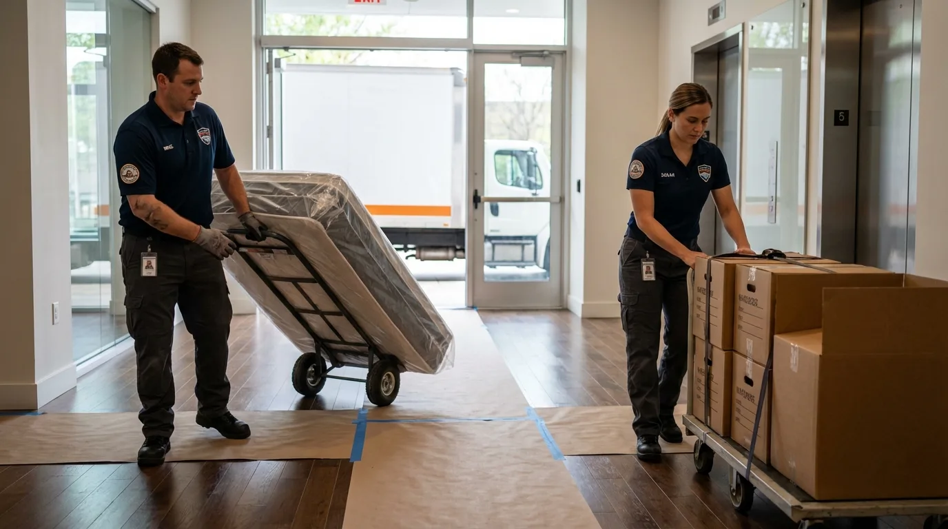 Professional apartment movers loading elevator in Bay City, TX