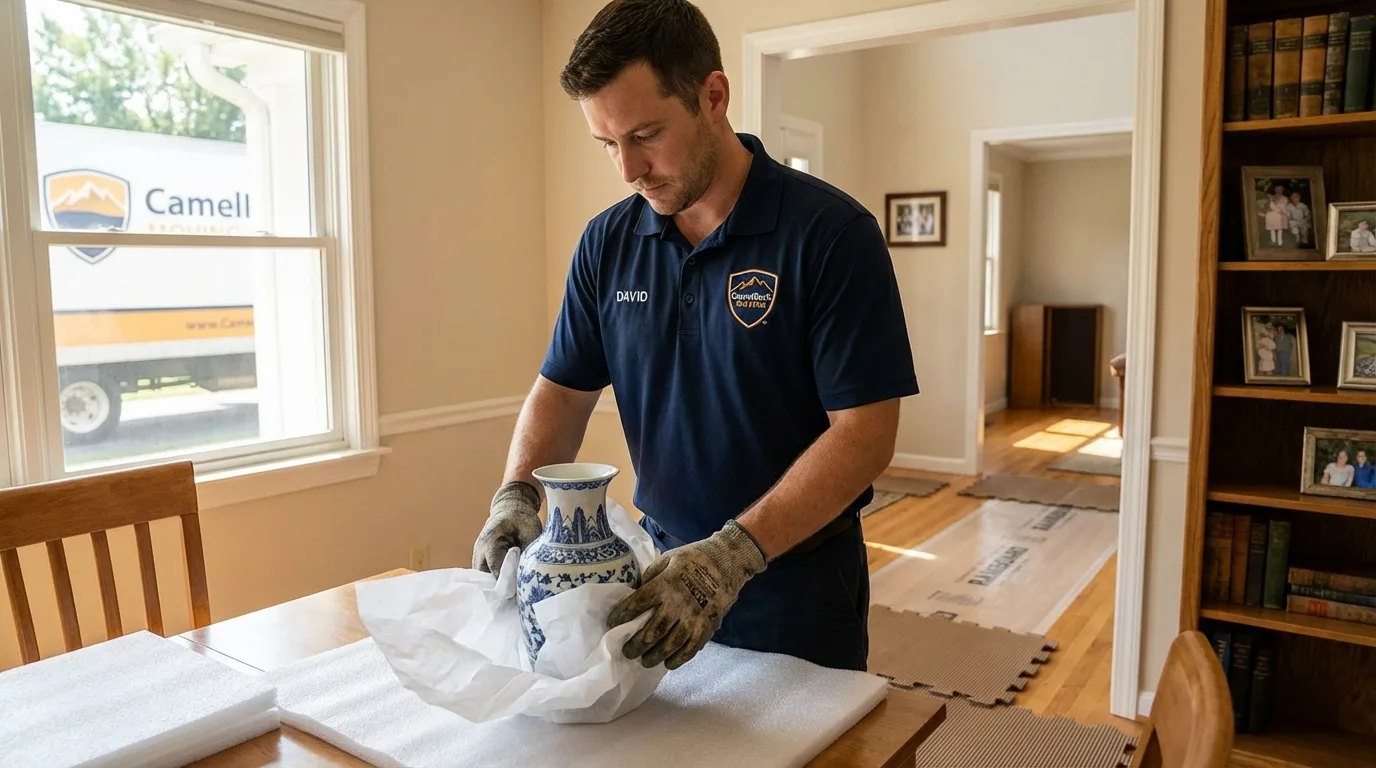 Professional crew carefully wrapping antique vase for senior downsizing move in Bay City, TX