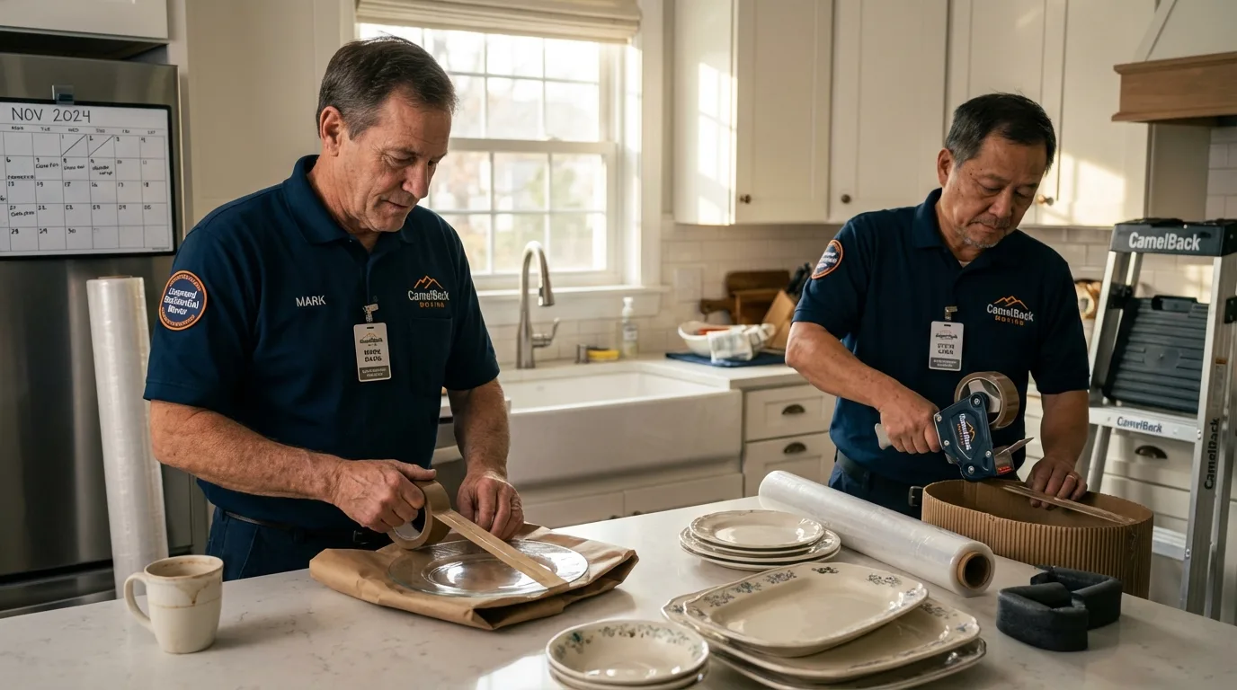 Professional crew packing kitchen dishware in Bay City, TX